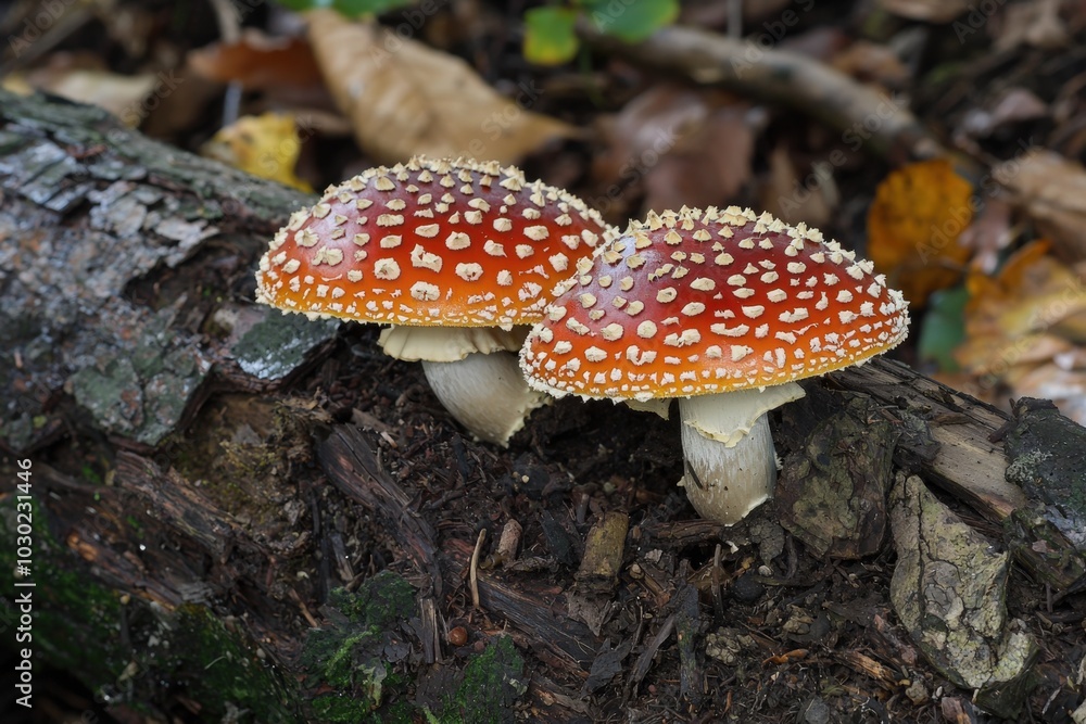Vibrant toadstools with iconic red caps and white spots nestled in the forest's undergrowth Vibrant toadstools with iconic red caps and white spots nestled in the forest's undergrowth