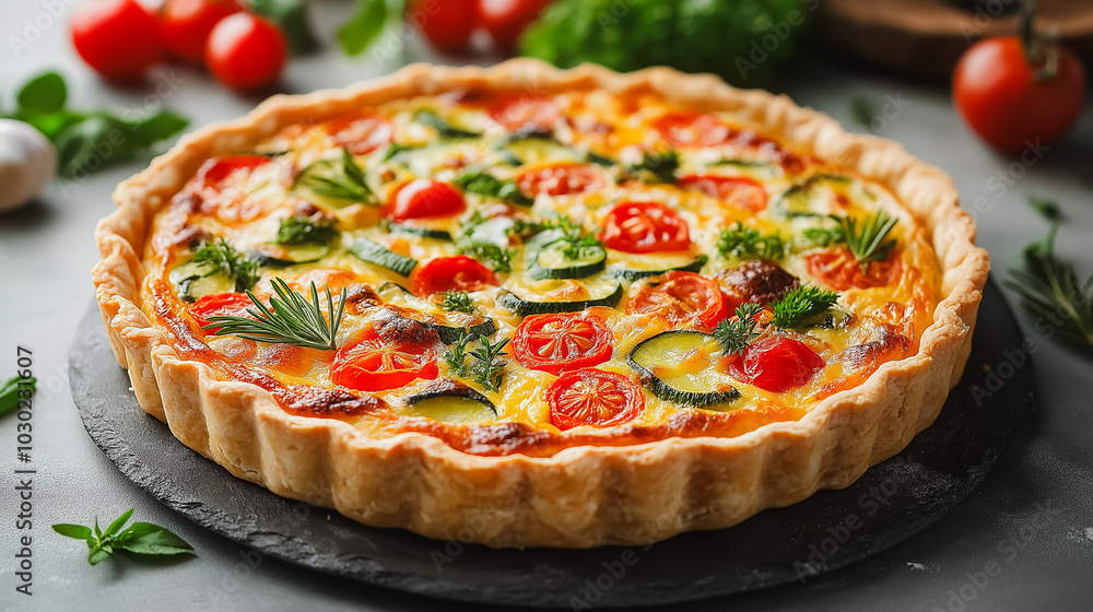 French quiche, savory pie with vegetables, isolated on white background, traditional French dish, simple and clean presentation French quiche, savory pie with vegetables, isolated on white background, traditional French dish, simple and clean presentation