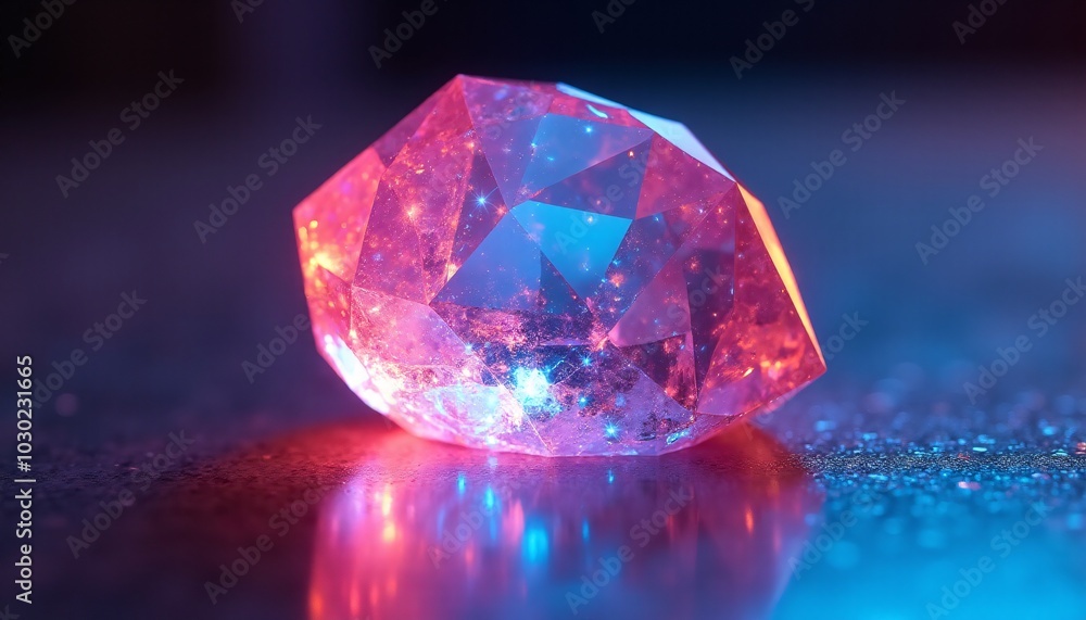 A close-up of a single, faceted crystal, emitting a bright and colorful glow. The crystal is made of a futuristic A close-up of a single, faceted crystal, emitting a bright and colorful glow. The crystal is made of a futuristic