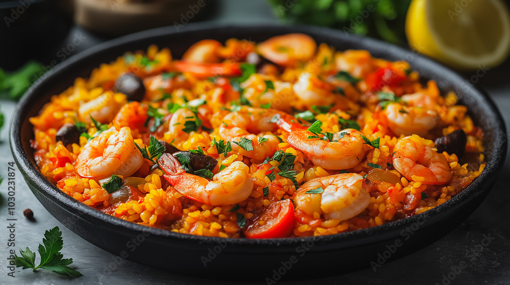 Spanish paella, saffron rice with seafood and vegetables, isolated on white background, traditional Spanish dish Spanish paella, saffron rice with seafood and vegetables, isolated on white background, traditional Spanish dish