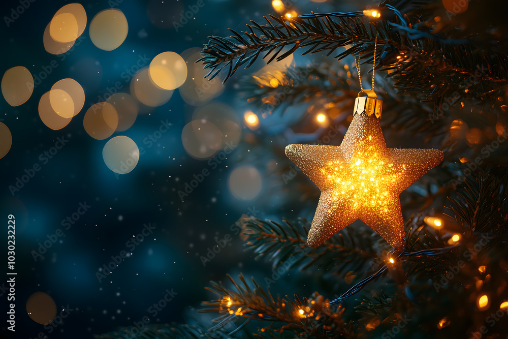 gold star with christmas tree on lights and bokeh background. Generative Ai. gold star with christmas tree on lights and bokeh background. Generative Ai.