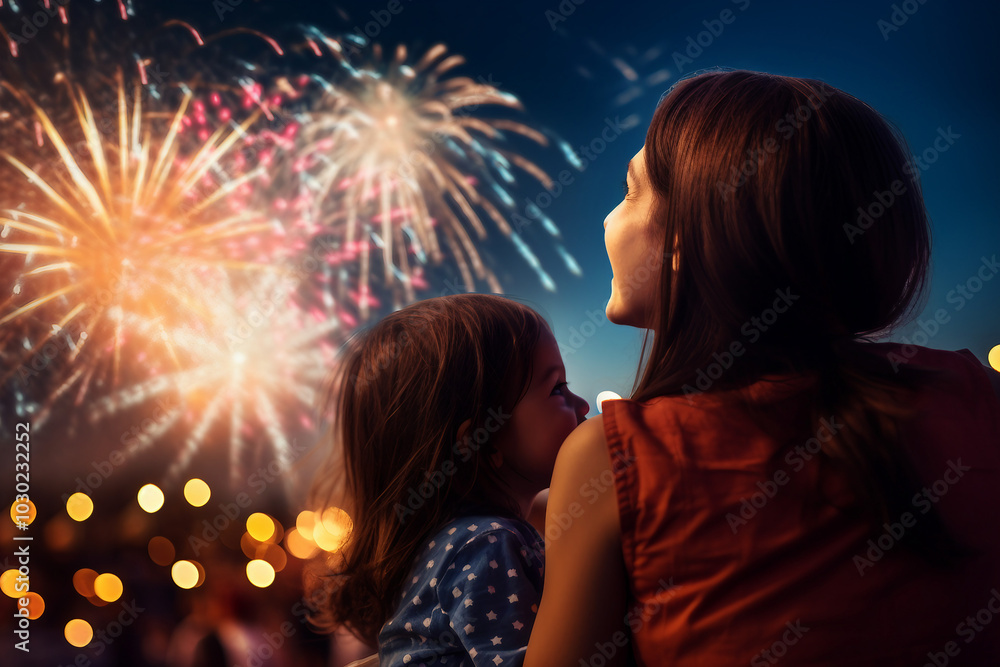 AI generated rear view photo of mother and child enjoying firework AI generated rear view photo of mother and child enjoying firework