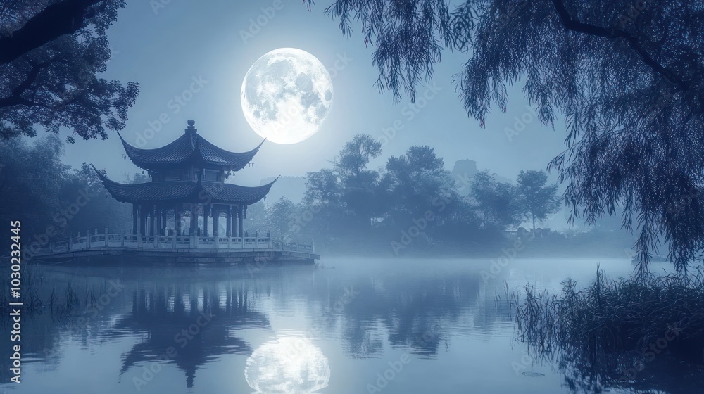 A traditional Chinese pavilion stands on a tranquil lake, illuminated by a full moon, with wispy fog and trees framing the scene. A traditional Chinese pavilion stands on a tranquil lake, illuminated by a full moon, with wispy fog and trees framing the scene.