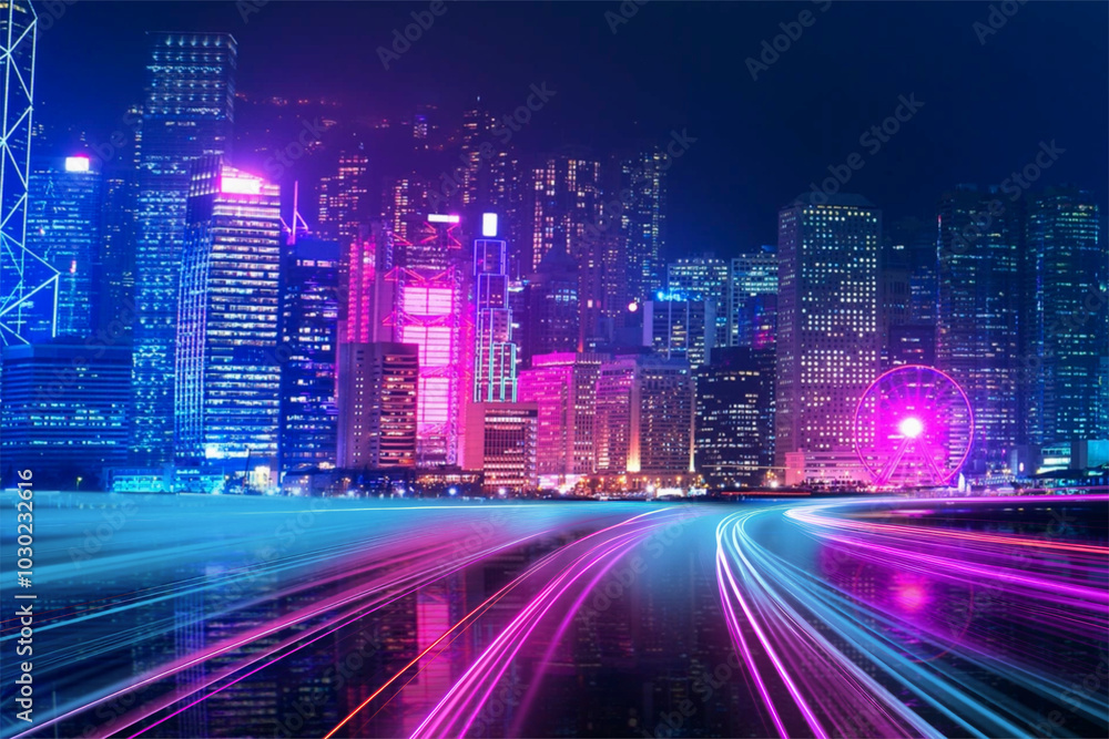 Night cityscape photo with neon lights effect Night cityscape photo with neon lights effect