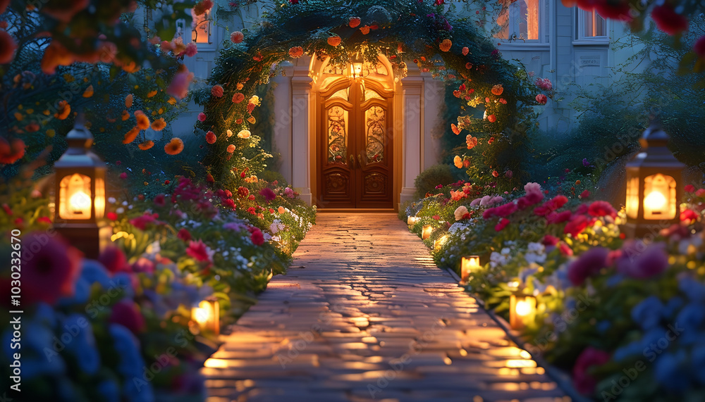 Fototapeta premium A cobblestone pathway lined with lanterns leads to a grand wooden door adorned with floral archway