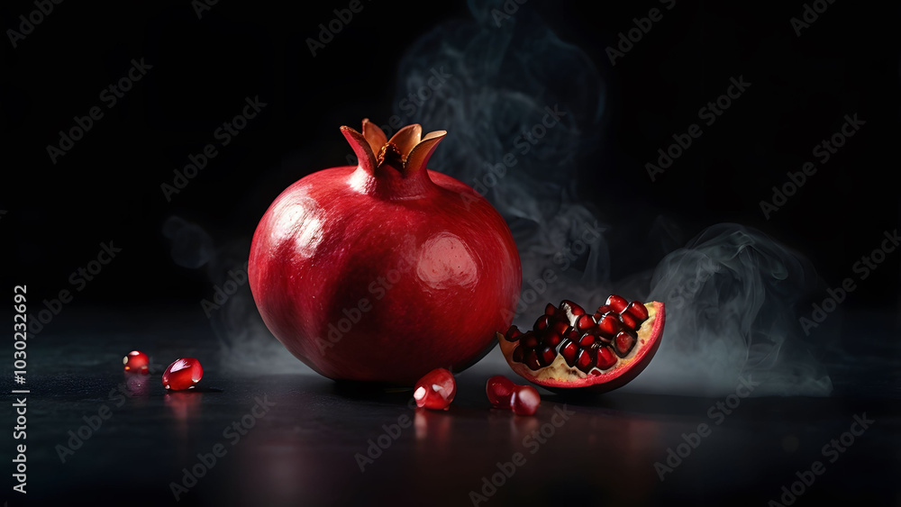 Fresh pomegranates, one split open revealing juicy seeds, showcase their rich color against a dramatic dark backdrop. Fresh pomegranates, one split open revealing juicy seeds, showcase their rich color against a dramatic dark backdrop.