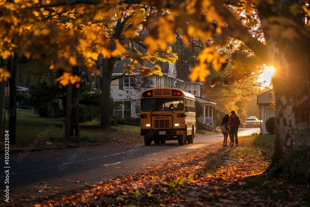 Obraz premium School bus driving children through an autumn park