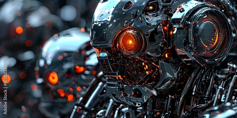 A group of robots with glowing eyes and a metallic appearance A group of robots with glowing eyes and a metallic appearance