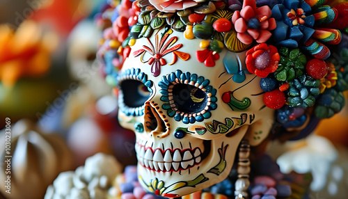 A colorful sugar skull with floral headdress, Day of the Dead