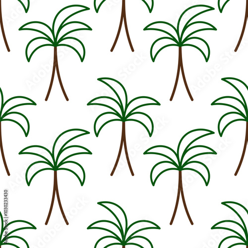  Palm tree. Continuous vector pattern. Isolated colorless background. Evergreen tropical tree. Exotic plant with mighty trunk and big leaves. Idea for web design.
