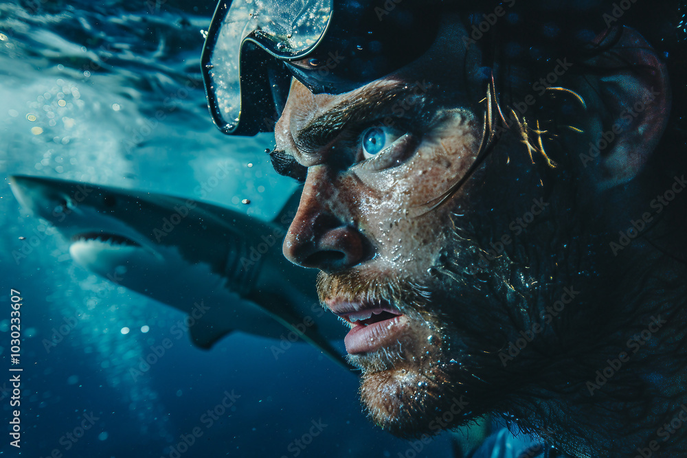 Scary underwater exploration, people swimming snorkeling diving with shark, Generative AI Scary underwater exploration, people swimming snorkeling diving with shark, Generative AI