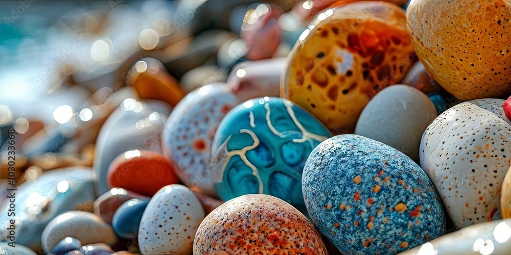Obraz premium A pile of colorful rocks with a blue one in the middle