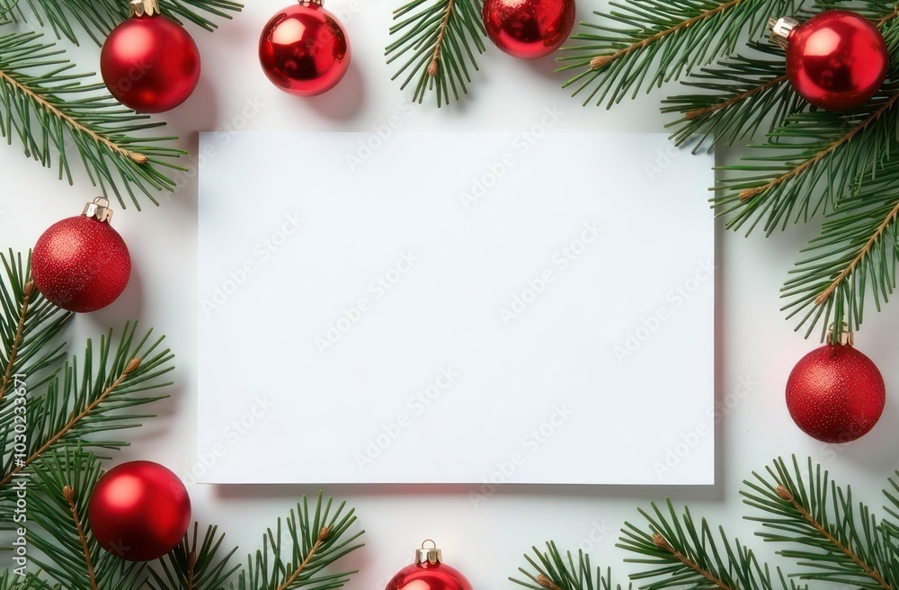 Blank of paper business card mockup design with copy space decorated with Christmas fir tree branches and red New Year balls. Festive certificate. Greeting invitation. Holiday postcard. Xmas template Blank of paper business card mockup design with copy space decorated with Christmas fir tree branches and red New Year balls. Festive certificate. Greeting invitation. Holiday postcard. Xmas template