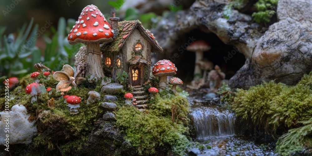 Fototapeta premium Fairy house with mushroom roof, moss, and stream.
