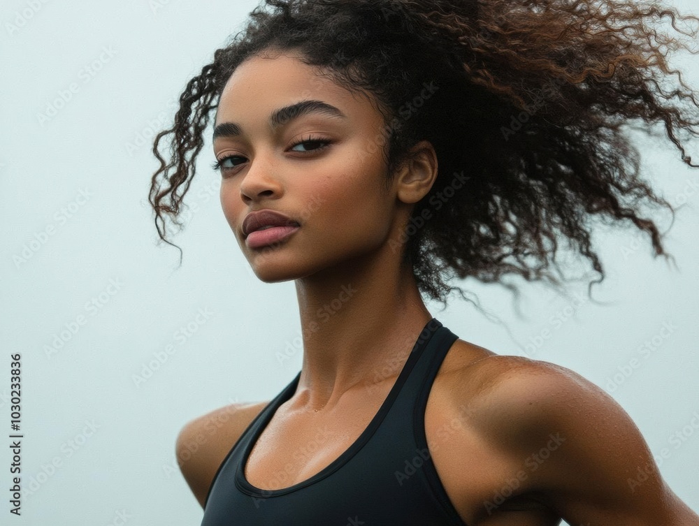 Young woman with curly hair in activewear, facing the camera. Young woman with curly hair in activewear, facing the camera.