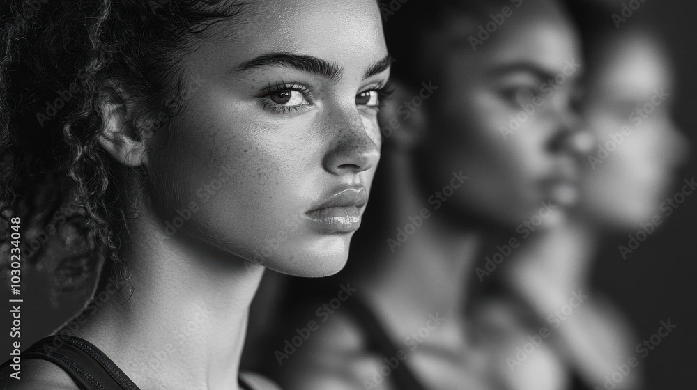 Three women in profile, posing confidently in black and white. Three women in profile, posing confidently in black and white.