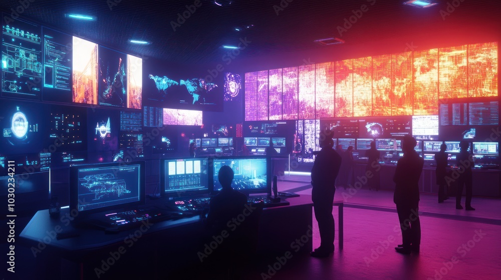 A team of security professionals monitoring a network of digital screens displaying data and information in a futuristic control room. A team of security professionals monitoring a network of digital screens displaying data and information in a futuristic control room.
