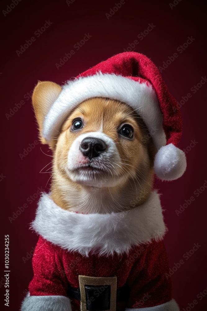 Adorable Puppy in Santa Claus Costume Against a Vibrant Background Adorable Puppy in Santa Claus Costume Against a Vibrant Background