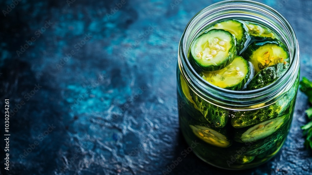 A jar filled with sliced cucumbers in a brine solution, showcasing homemade pickling. A jar filled with sliced cucumbers in a brine solution, showcasing homemade pickling.