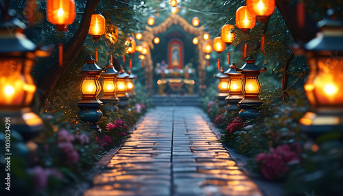 Wallpaper Mural A stone path lined with glowing lanterns leads to a temple in a lush, tranquil garden Torontodigital.ca