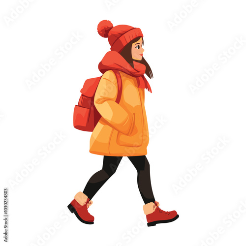 young woman in winter outfit walk isolated vector illustration