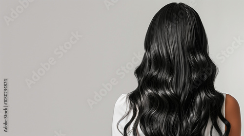 A back view of a woman with smooth, voluminous black hair cascading down her back, exuding elegance and health