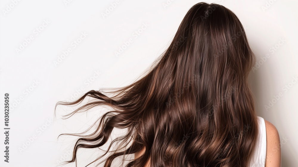 Fototapeta premium A back view of a woman with thick, flowing dark brown hair, full of shine and vitality