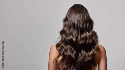 back view of a brunette woman with glossy and healthy hair on a gray background, haircare shampoo and coloration