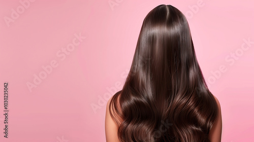 back view of a brunette woman with glossy and healthy hair on a pink background