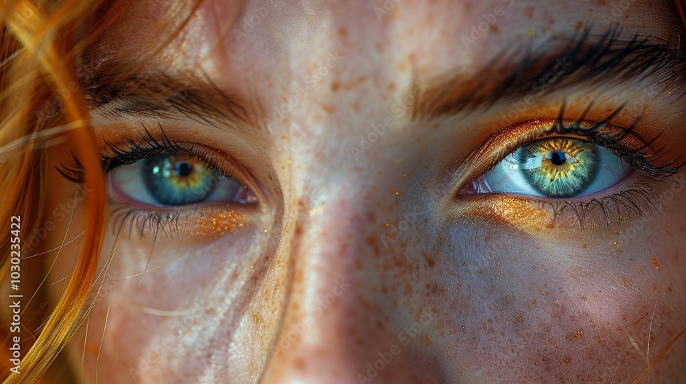 Close Up Portrait of a Woman with Freckles and Green Eyes Close Up Portrait of a Woman with Freckles and Green Eyes