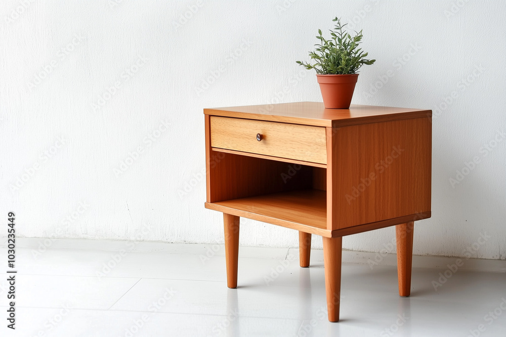 Modern office desk and shelves in a minimalistic workspace with a small potted plant during daylight Modern office desk and shelves in a minimalistic workspace with a small potted plant during daylight