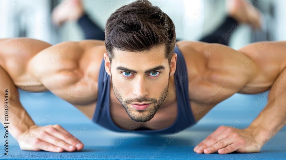 Fototapeta premium Muscular Man Performing Push-Ups on a Blue Mat