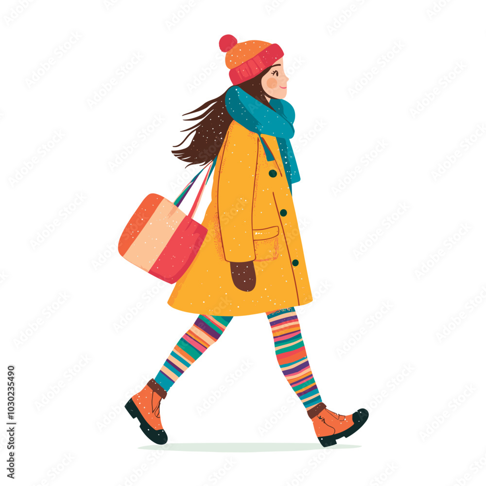 young woman in colorful winter outfit walk isolated vector illustration young woman in colorful winter outfit walk isolated vector illustration