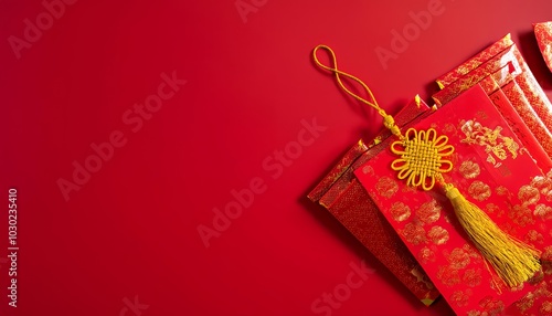 Traditional Chinese red envelopes with gold decorations and a red tassel ornament on a solid red background photo