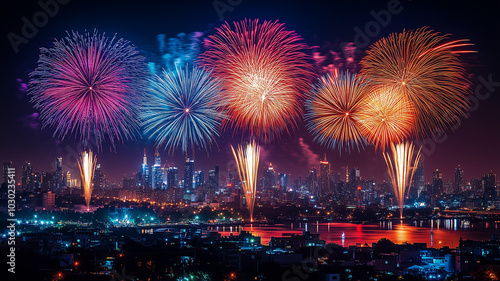 Stunning New Year's Eve fireworks illuminate the city skyline, marking the start of a new year with vibrant colors