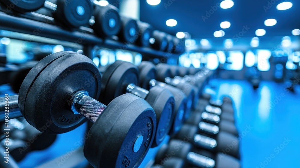 Close-up of Dumbbells in a Fitness Center with Blue Lighting
