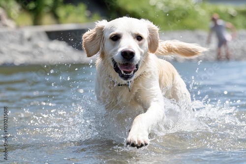 Wallpaper Mural A joyful golden retriever splashes through clear water on a sunny day by the riverbank Torontodigital.ca