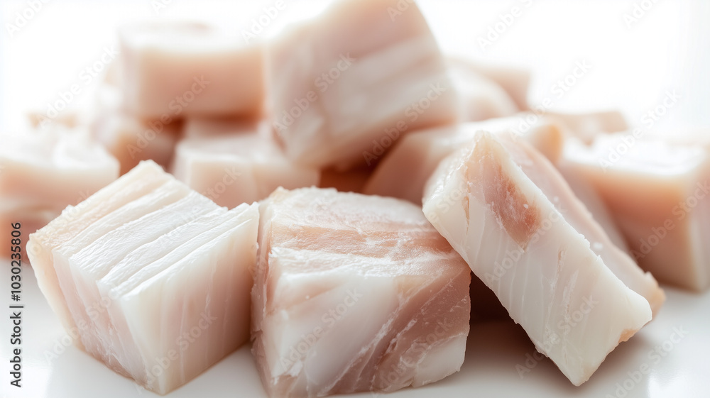 Square chunks of fresh cod meat ready for preparation, showcasing the quality and texture of the fish in a clean setting Square chunks of fresh cod meat ready for preparation, showcasing the quality and texture of the fish in a clean setting