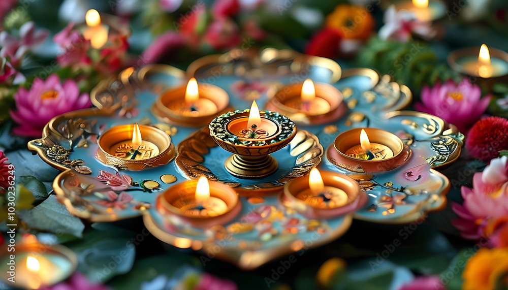 Seven lit candles on a decorative plate surrounded by vibrant flowers and greenery Seven lit candles on a decorative plate surrounded by vibrant flowers and greenery