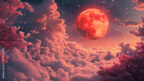 A fiery red moon hangs in the sky, with clouds and cherry blossoms around it.