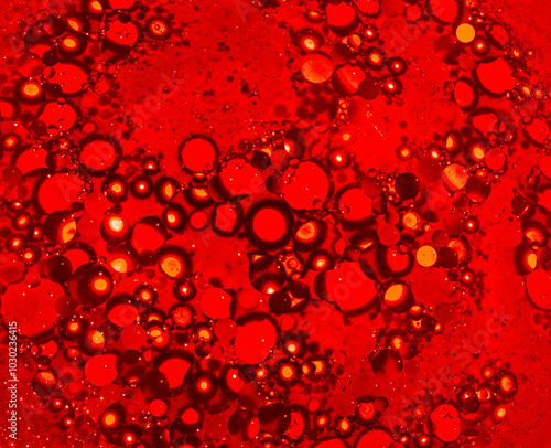 Gel with bubbles. Red drops and bubbles of pure water, red abstract water background.