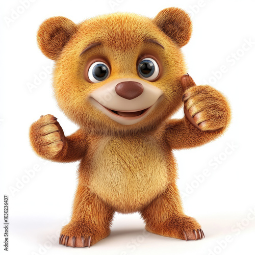 3d funny cartoon brown bear with a thumbs up gesture close up, isolated, on a white background. Illustration, decor, print for clothes, design for printing on fabric, paper, plastic, porcelain.