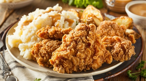 Crispy Fried Chicken with Mashed Potatoes and Gravy