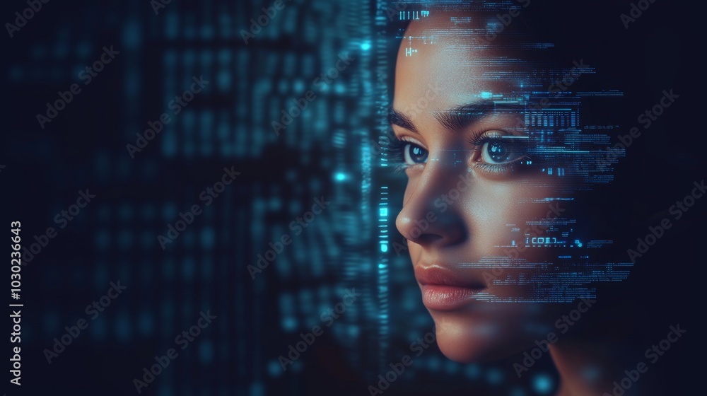 Close-up of woman's face merging with digital code, futuristic concept of artificial intelligence or virtual reality, dark background with glowing data, artistic illustration. Close-up of woman's face merging with digital code, futuristic concept of artificial intelligence or virtual reality, dark background with glowing data, artistic illustration.