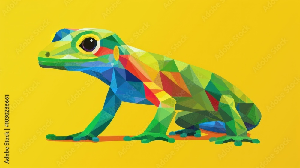 Fototapeta premium Colorful geometric frog illustration on a bright yellow background, emphasizing vibrant colors and modern design elements Ideal for nature and art themes