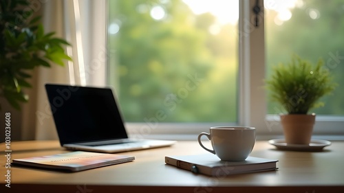 A comfortable home office setting with modern gadgets, a cup of coffee, a laptop, and a window view of nature, representing a peaceful and productive remote work lifestyle