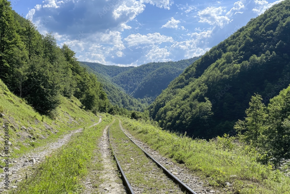 Fototapeta premium Serene railway tracks winding through lush green hills under a bright blue sky