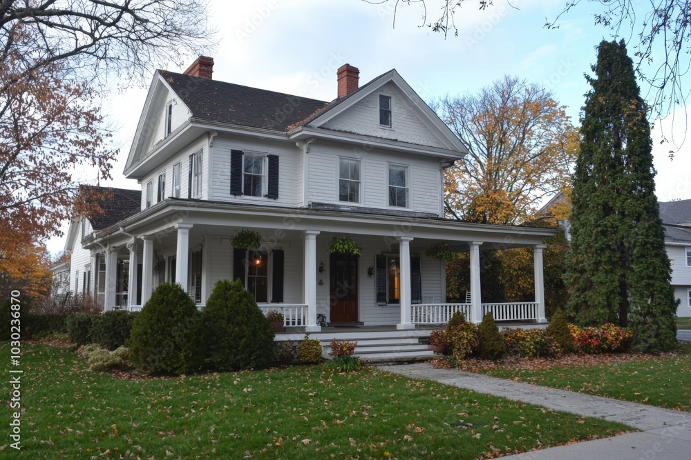 Charming historic house with white exterior and lush landscaping in autumn daylight Charming historic house with white exterior and lush landscaping in autumn daylight