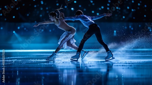 A pair of figure skaters executes a flawless routine on a shimmering ice rink, illuminated by dazzling blue lights