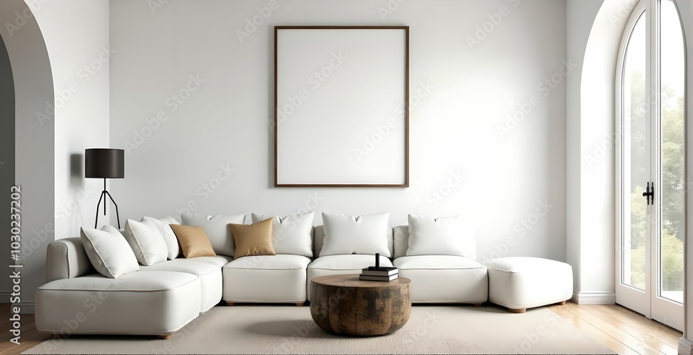 Grunge old accent coffee table near white sofa against arched window and white wall with big art poster frame. Minimalist, art deco interior design of modern living room, home. Grunge old accent coffee table near white sofa against arched window and white wall with big art poster frame. Minimalist, art deco interior design of modern living room, home.